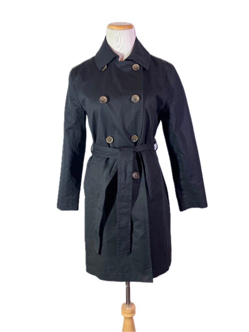 J. Crew Factory Size 0 Double-Breasted Trench Coat Black Sash Tie